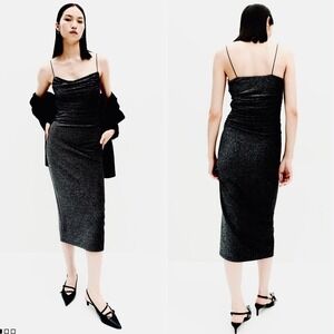 H&M Black Glittery Ruched Strappy Bodycon Midi Dress Womens NEW Small